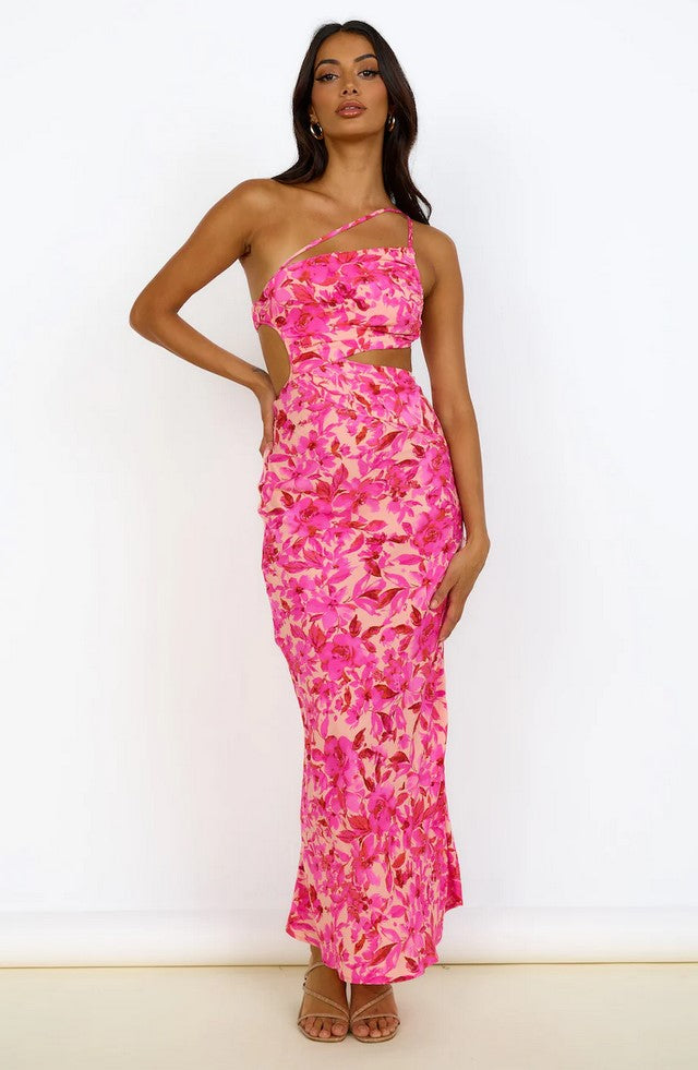 One Shoulder Pink and Purple Floral Dress WD04579-4-PinkPurpleFloral-8/S